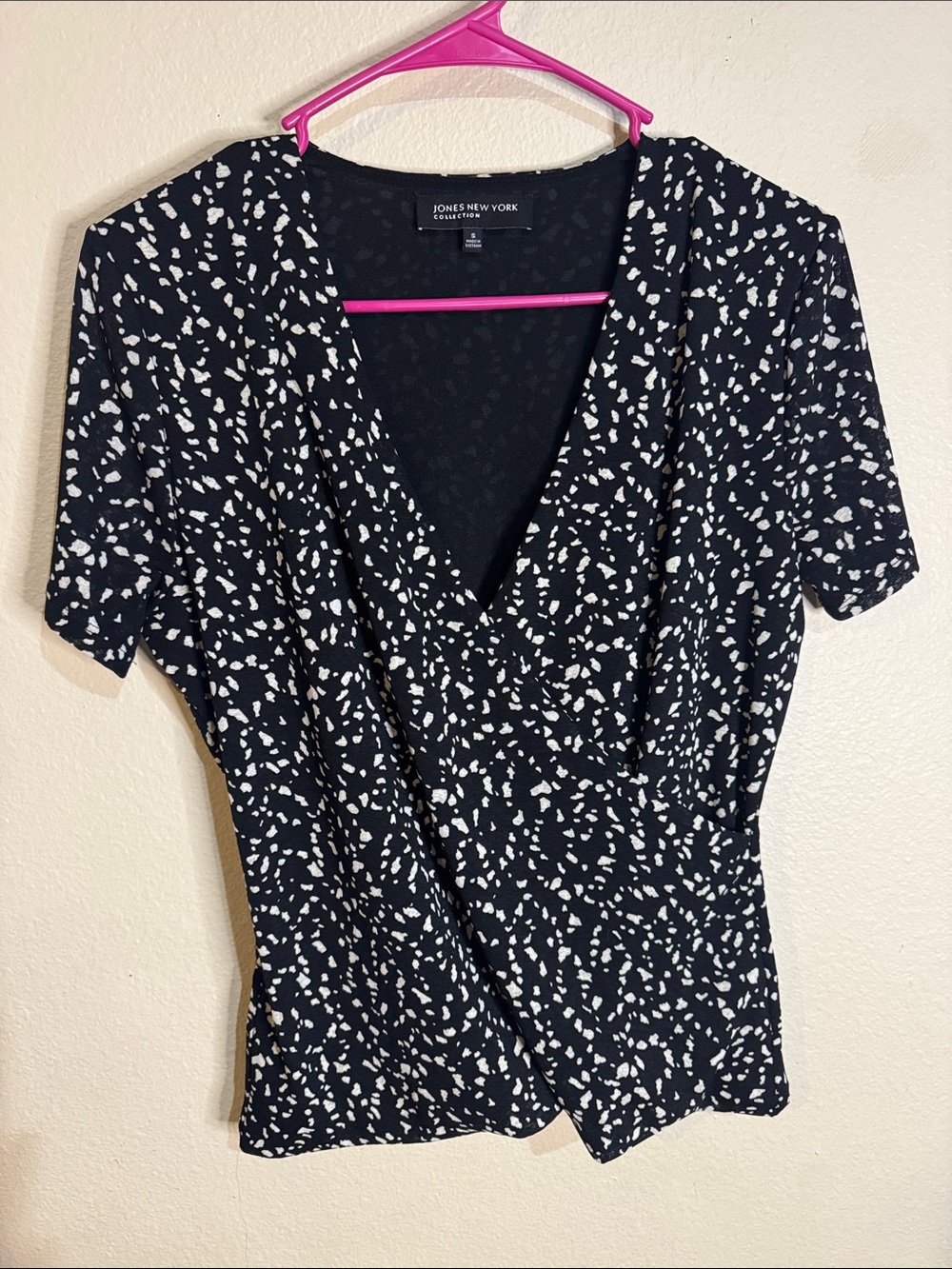 Jones New York Black and White Printed Faux-Wrap Blouse